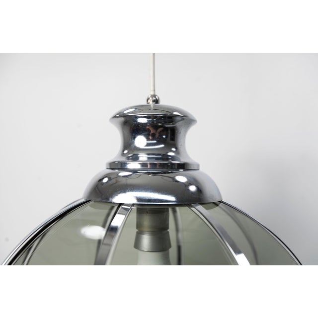 Floral Pendant Lamp in Chromed Metal and Grayed Glass, 1970 For Sale - Image 9 of 14