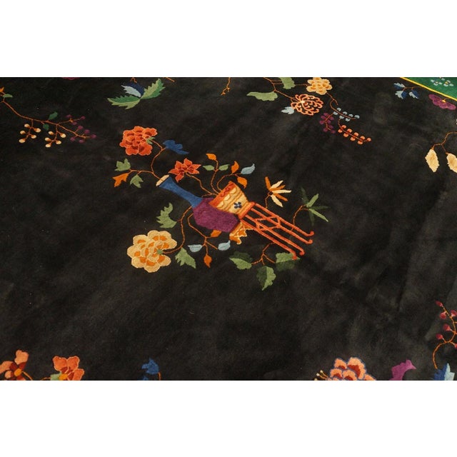 1920s A Colorful Floral Design in a Blackground Color Antique Chinese Art Deco Rug For Sale - Image 5 of 12