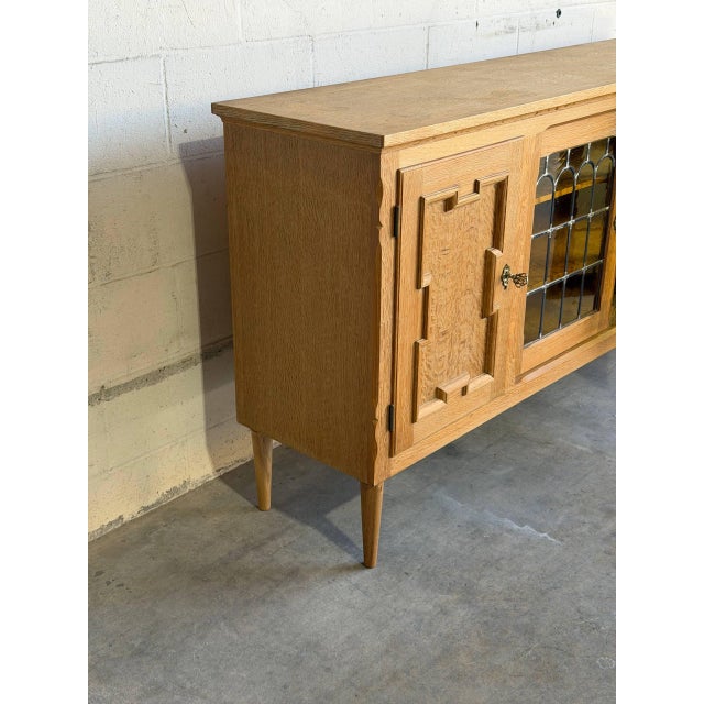 Wood Vintage Danish Oak Sideboard Cabinet in Style of Henning, Brutalist Leaded Glass Credenza For Sale - Image 7 of 10
