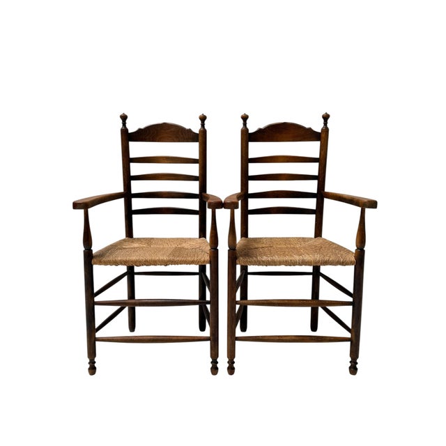Rustic Dutch Ladder Back Armchairs in Patinated Beech, 1900s, Set of 2 For Sale - Image 5 of 13