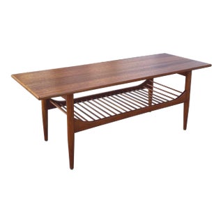 Mid Century Modern Coffee Table With Curved Slatted Shelf | Danish Style For Sale