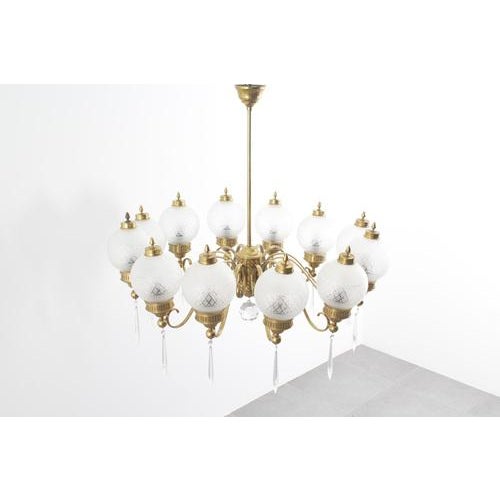 Brass and Glass 10-Arm Chandelier by A. Lelii for Arteluce, Italy, 1950s For Sale - Image 3 of 18