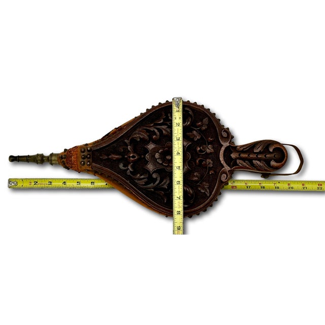 Fine Antique Hand Carved Walnut Black Forest Fireplace Bellows Northwind For Sale - Image 18 of 18