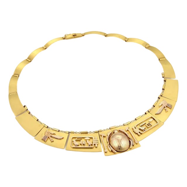 18k & 14k Gold Scarab Hieroglyphic Egyptian Graduated Panel Necklace For Sale
