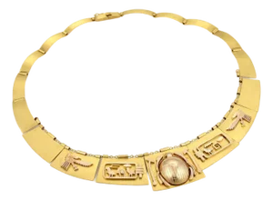 18k & 14k Gold Scarab Hieroglyphic Egyptian Graduated Panel Necklace