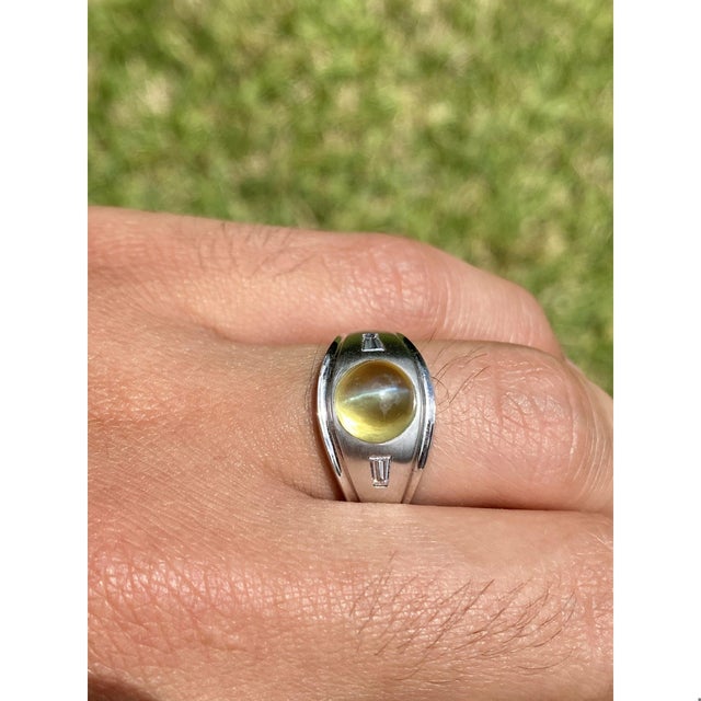 Grs Certified Chrysoberyl Cats Eye Mens Ring 14k White Gold Setting Size 8 For Sale - Image 4 of 6