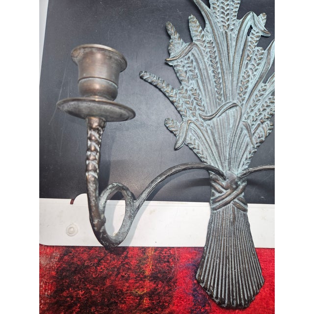 Vintage Solid Brass Metal Wheat Candle Holder Wall Sconce Verdigris Patina For Sale - Image 4 of 5