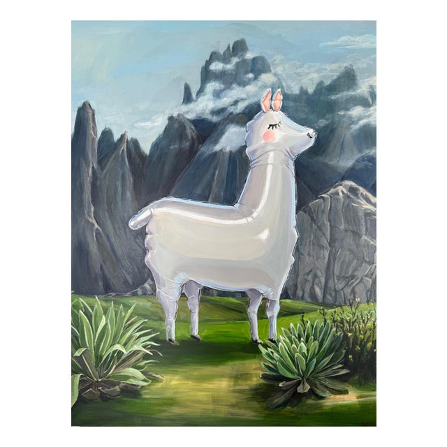 Sofía Cristina Jiménez, Silver Inflatable Llama in an Andean Mountain Landscape, Acrylic Painting, 2025 For Sale