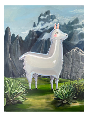 Sofía Cristina Jiménez, Silver Inflatable Llama in an Andean Mountain Landscape, Acrylic Painting, 2025