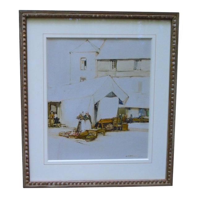 Early 20th Century "The Market Place, Quimperle, (France)", Original Watercolor Painting, Framed For Sale