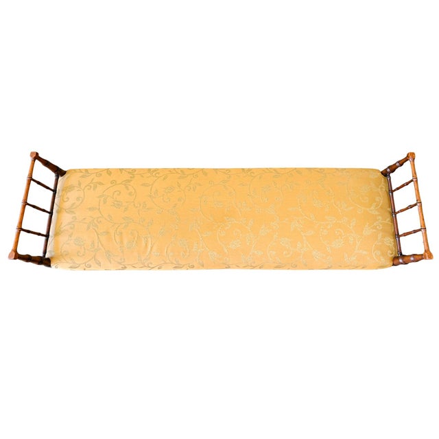 Wood 1960s French Regency Faux Bamboo Window Bench in Gold Floral Damask For Sale - Image 7 of 9