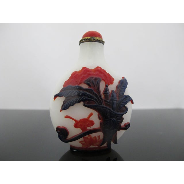Chinese Chinese Ruyi Crab Lotus Carved Overlay Red & Blue Peking Glass Snuff Bottle For Sale - Image 3 of 11