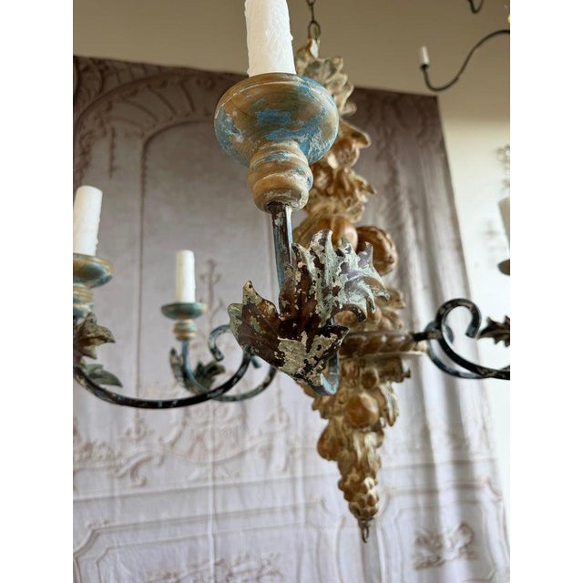 Turquoise Italian Rococo Painted Wood & Iron 6-Light Chandelier With Fruit Garland For Sale - Image 8 of 10