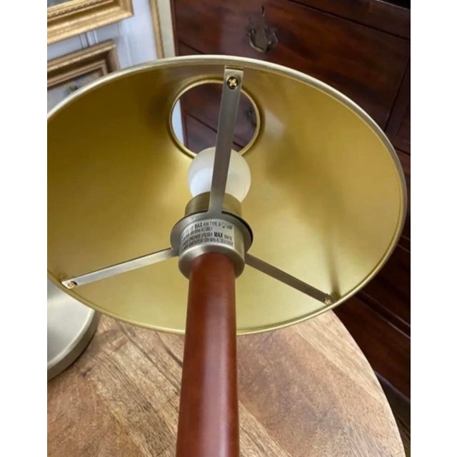 2010s Ralph Lauren Brown Leather-Wrapped and Brush Brass/Metal Tall Buffet Lamps, a Pair For Sale - Image 5 of 7