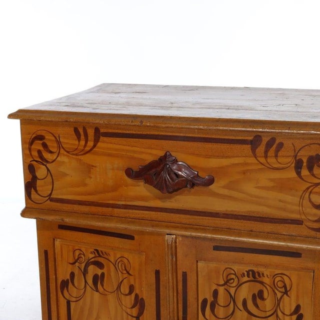 Late 19th Century Antique Faux Painted Chestnut Lift Top 2-Door Stenciled Commode Circa 1890 For Sale - Image 5 of 18