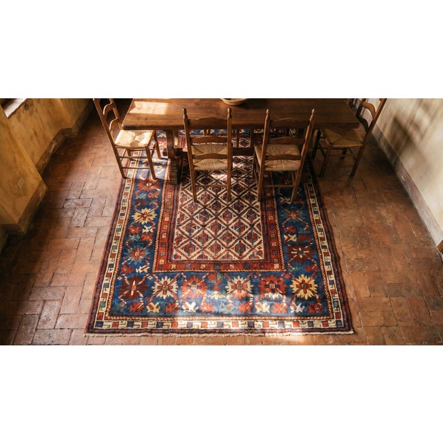 Late 19th Century 1880s Ivory Blue Diamond Hank Knotted Antique Caucasian Rug 4'0" X 8'0" Wool Carpet For Sale - Image 5 of 7