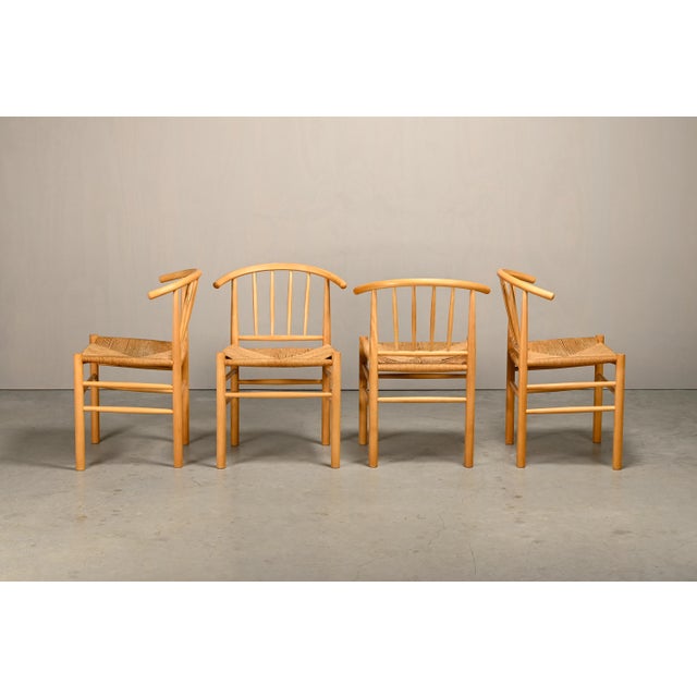 Erik Ole Jørgensen J151 set of 4 Dining Chairs for FDB Møbler, Denmark 1970s. Solid beech wooden frames with papercord...