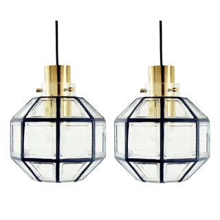 Mid-Century Glass and Brass Pendant Lights, Germany, 1970s, Set of 2 For Sale