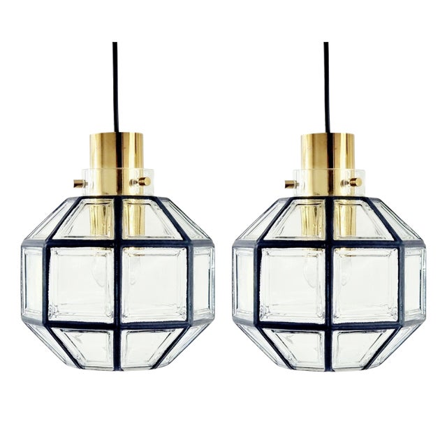 Mid-Century Glass and Brass Pendant Lights, Germany, 1970s, Set of 2 For Sale