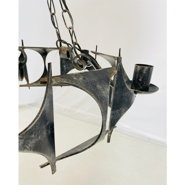 1970s Brutalist Modernist Wrought Iron Chandelier With Geometric Design For Sale In Los Angeles - Image 6 of 12