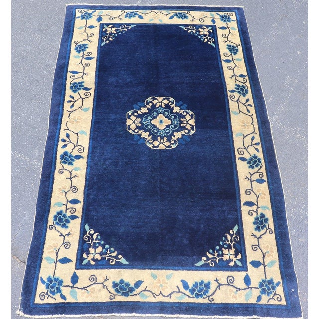 Textile Antique Chinese Peking Carpet in Dark Blue Background 4' X 6'8 For Sale - Image 7 of 14