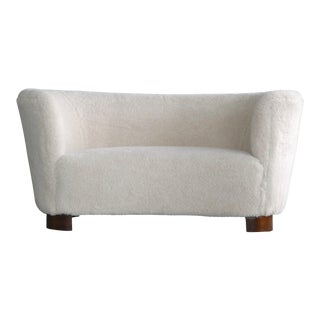 Lambswool Covered Curved Loveseat or Sofa by Slagelse, Denmark, 1940s For Sale
