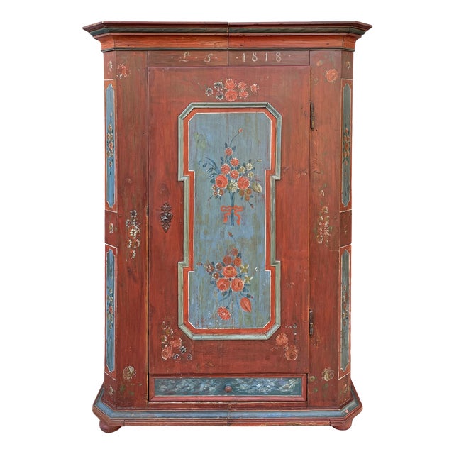 Antique Tyrolean Red Painted Wardrobe with Flowers, 1818 For Sale