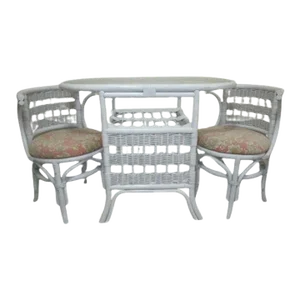 1990s White Bamboo Honeymoon Dinette Set Glass Top Upholstered Seat Set of 3