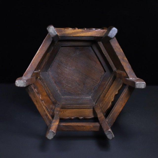 Vintage Chinese Huali Rosewood Mother-of-Pearl Inlaid "Fish & Lotus" Hexagonal Stool For Sale - Image 10 of 10