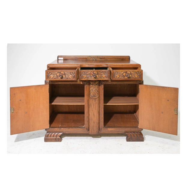 Vintage Tudor Revival Carved Oak Buffet Server / Sideboard For Sale - Image 4 of 7