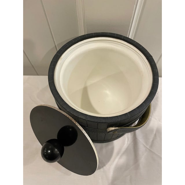 Contemporary Mid 20th Century Black and Brass Leather Pinstripe Ice Bucket For Sale - Image 3 of 12