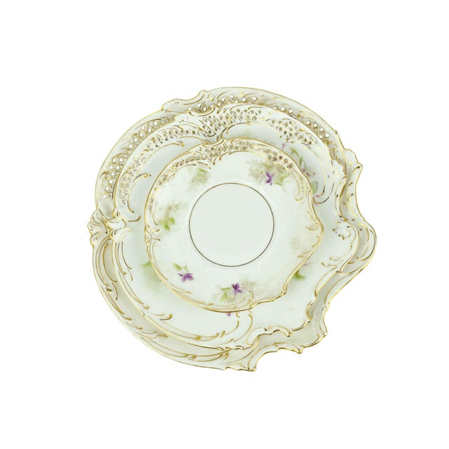 Early 20th Century Early 20th Century Bavaria Hand Painted Floral With Pierced Edge and Gold Accent Trim Plates Set - 13 PCS For Sale - Image 5 of 9