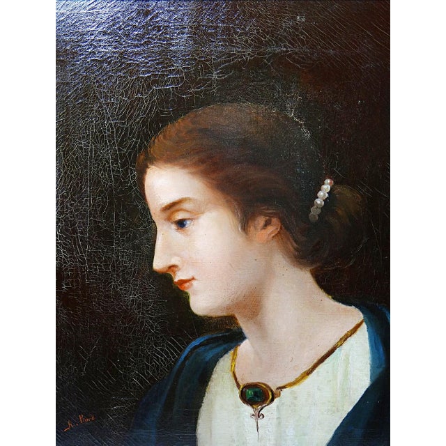 Charming antique portrait of a young woman in profile, oil on canvas, French school circa 1860-1890, signed A. Piard lower...