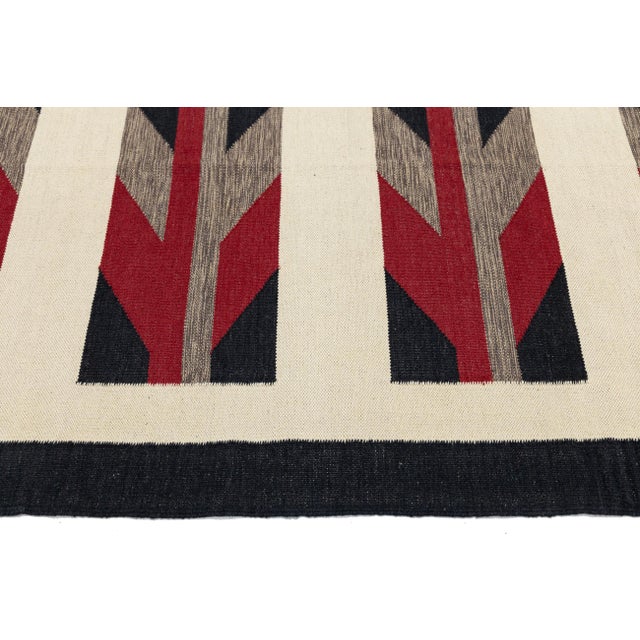 Modern Navajo-Style Handmade Wool Rug – Geometric Flatweave in Red and Beige For Sale - Image 10 of 11