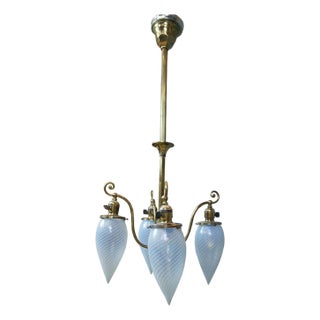 Antique Victorian Hubbell Opalescent Swirl Glass 4 Light Pendant Chandelier 38" For Sale