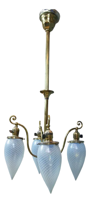Antique Victorian Hubbell Opalescent Swirl Glass 4 Light Pendant Chandelier 38"