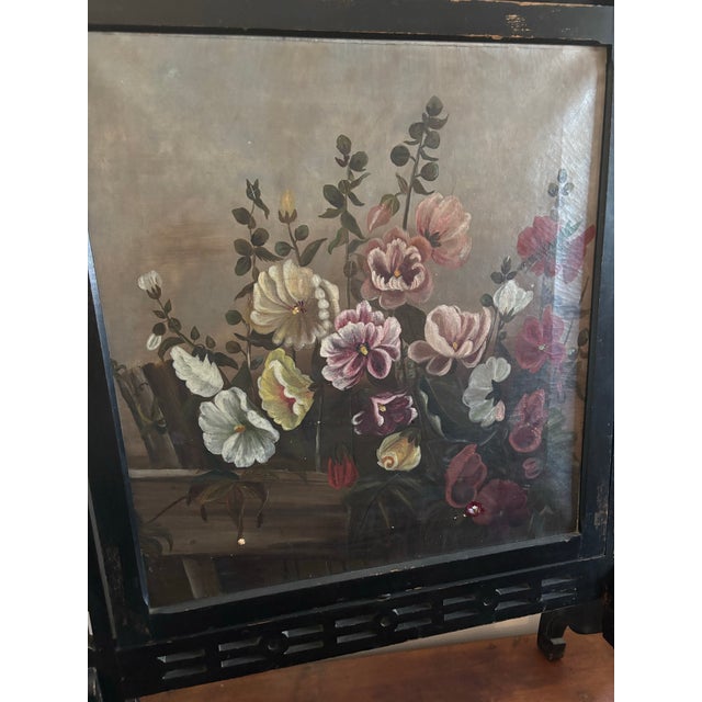 Victorian Vintage Victorian Fireplace Ebony Screen Featuring a Hand Painted Floral Arrangement on Canvas For Sale - Image 3 of 7