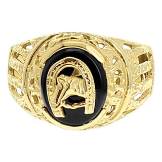 Horseshoe with Horse Head Onyx Ring 14k Yellow Gold, Size 12 For Sale