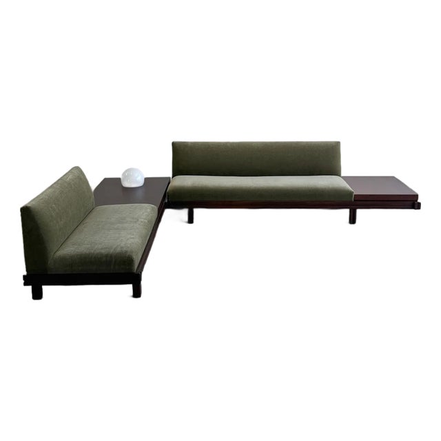 Vintage Platform Sectional in Walnut & Mohair For Sale