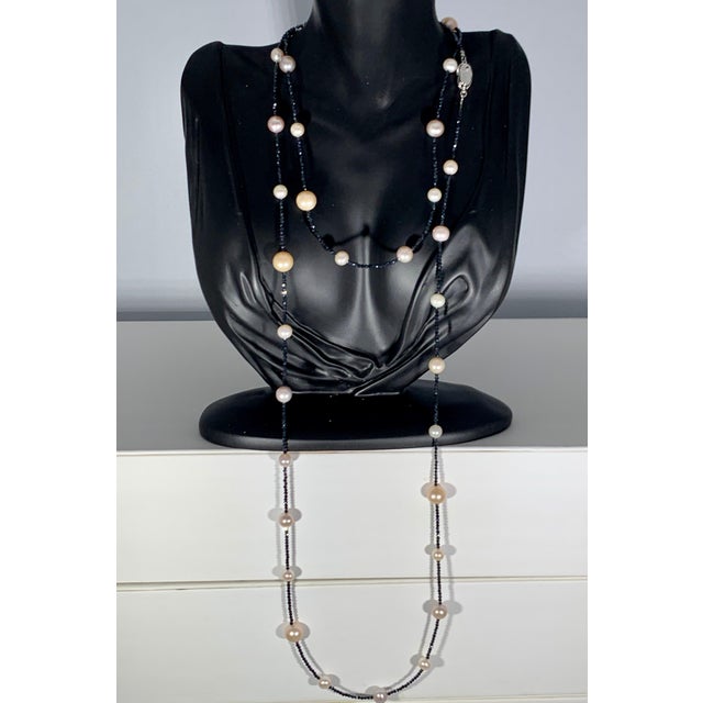 Fresh Water Pearl Single Strand Necklace with Black Spinel Opera Length 46 Inch For Sale In New York - Image 6 of 18