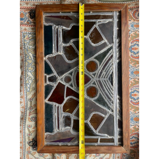 Amber Framed Stained/Painted Glass Window Piece 26”x16” Vintage, Handmade, Secure Frame With Hanging Chains For Sale - Image 8 of 12