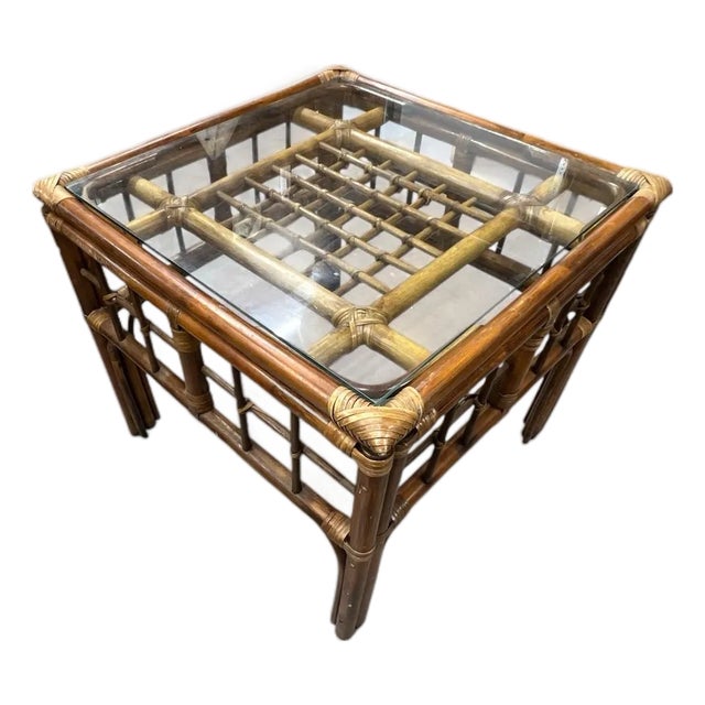 Vintage Coastal Bamboo Glass Top Side Table For Sale