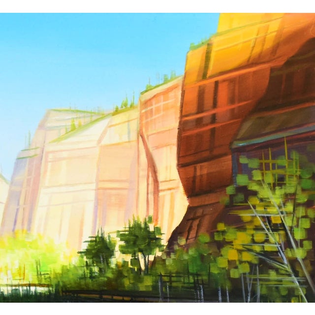 Contemporary Reflections Through Zion Canyon by Michelle Condrat | Oil On Board Landscape of Zion Canyon with Water For Sale - Image 3 of 5