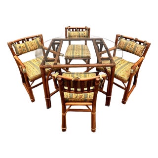 Vintage 6 Piece Rattan Glass Top Dining Set With 4 Chairs, Two With Arms For Sale