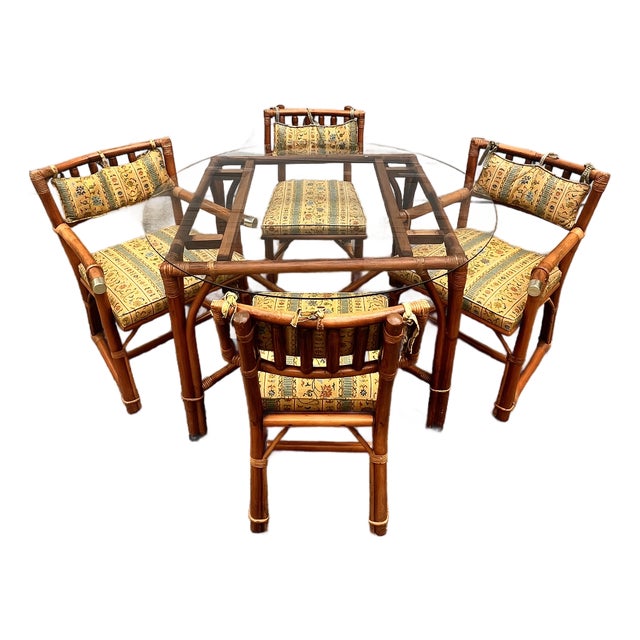 Vintage 6 Piece Rattan Glass Top Dining Set With 4 Chairs, Two With Arms For Sale
