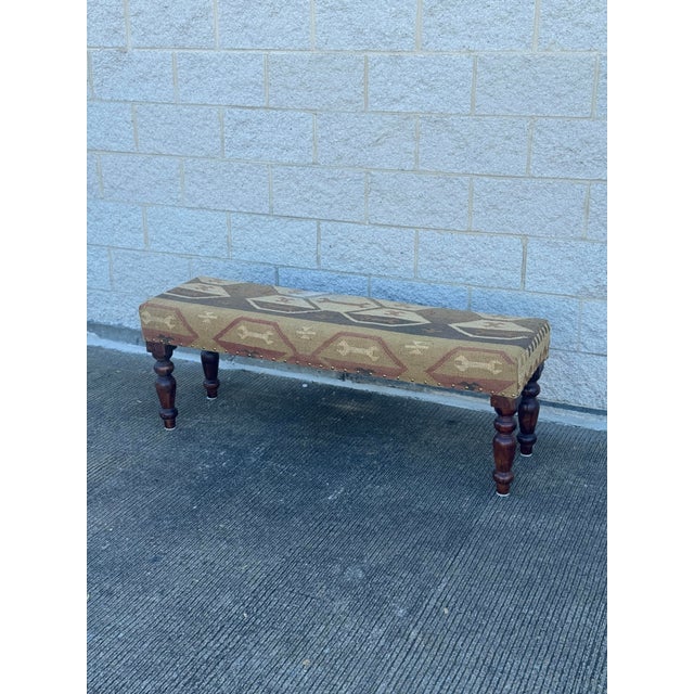 Mid 20th Century Upholstered Bench With Kilim Style Fabric and Turned Wood Legs For Sale - Image 12 of 12