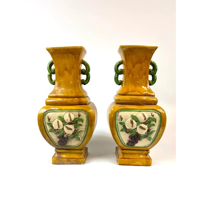 Yellow Mid 19th Century Tricolored Glazed Temple Vases - a Pair For Sale - Image 8 of 8