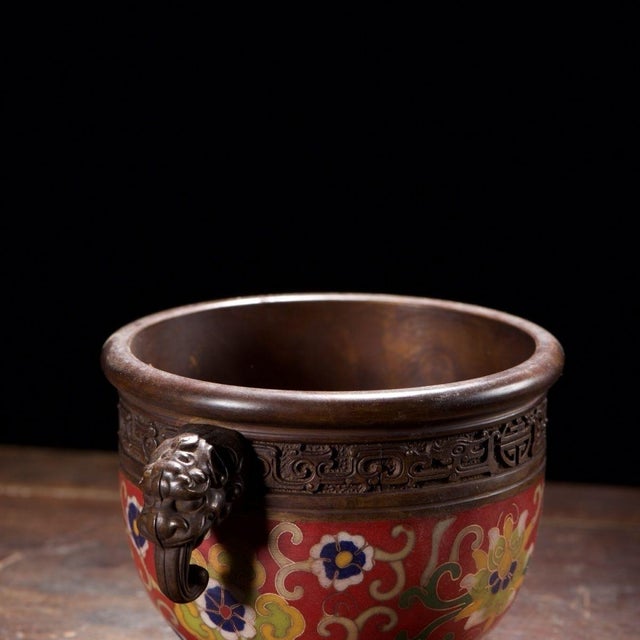 Red Vintage Cloisonné Enamel Censer With Beast Handles and Lotus Motif For Sale - Image 8 of 9