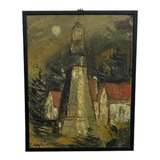 Vintage Signed Lighthouse Landscape Painting by Betty, Coastal Scene, Framed Original. For Sale