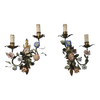 Vintage Wall Sconces with Porcelain Flowers, 1950s, Set of 2 For Sale